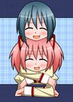  blue_hair closed_eyes hair_ribbon head_rest hug hug_from_behind kaname_madoka mahou_shoujo_madoka_magica miki_sayaka multiple_girls pink_hair ribbon school_uniform sen-asanagi short_hair short_twintails smile twintails 