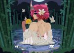  1girl absurdres artist_name back bamboo black_eyes bug butterfly flower hair_flower hair_ornament highres japanese_clothes kimono looking_at_viewer looking_back moon night night_sky off_shoulder outdoors partially_submerged pink_hair pixel_art pond saigyouji_yuyuko short_hair sky smile solo touhou triangular_headpiece upper_body water wet wet_hair white_kimono xenobucket 