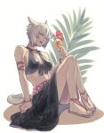  1girl animal_ears armband bare_shoulders bikini black_bikini black_skirt bracelet breasts cat_ears cat_girl cat_tail drink facial_mark final_fantasy final_fantasy_xiv flower full_body highres holding holding_drink jewelry long_skirt medium_breasts midriff miqo'te mongu_(kprs_ff) necklace pink_flower sandals short_hair sitting skirt smile solo swimsuit tail tropical_drink white_background white_hair y'shtola_rhul 
