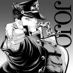  1boy chain coat commentary_request copyright_name fingernails gakuran gradient_background grey_background greyscale hat highres jojo_no_kimyou_na_bouken jojo_pose kujo_jotaro kujo_jotaro's_pose lips looking_at_viewer male_focus monochrome open_clothes pointing pointing_at_viewer sano_yuuto school_uniform short_hair solo stardust_crusaders two-tone_background upper_body v-shaped_eyebrows white_background 