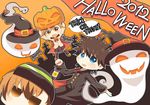  2012 2girls absurdres black_hair blue_eyes brown_eyes brown_hair cape chibi ghost halloween head_mounted_display highres jack-o'-lantern kamijou_touma lantern misaka_imouto misaka_mikoto multiple_girls naoto_(96neko96) pumpkin school_uniform skirt spiked_hair to_aru_kagaku_no_railgun to_aru_majutsu_no_index trick_or_treat 