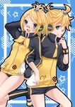  1girl :d bandaid bandaid_on_nose blonde_hair blue_eyes brother_and_sister buruma fang grin gym_shorts hair_ornament hairclip jacket kagamine_len kagamine_rin kneehighs looking_at_viewer open_mouth project_diva_(series) project_diva_f shoes short_hair shorts siblings smile stylish_energy_(module) track_jacket twins uwabaki vocaloid yayoi_(egoistic_realism) 