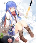  blue_hair blush boots efe eyebrows_visible_through_hair fallen_down flying_sweatdrops food fruit full_body hat hat_removed headwear_removed hinanawi_tenshi long_hair long_sleeves looking_at_viewer mittens one_eye_closed peach red_eyes revision snow solo sword_of_hisou tears touhou very_long_hair 