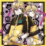  1girl bandaid blonde_hair blue_eyes brother_and_sister fukkin_(hukkyunzzz) hair_ornament hair_ribbon hairclip headset jacket kagamine_len kagamine_rin looking_at_viewer one_eye_closed project_diva_(series) project_diva_f ribbon short_hair siblings smile stylish_energy_(module) twins vocaloid 