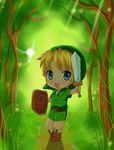  belt blonde_hair blue_eyes boots chibi child demando555 fairy hat highres link navi shield smile sword the_legend_of_zelda tree vine vines weapon wings 