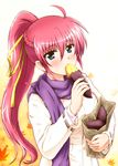  autumn_leaves bag blue_eyes blush diesel-turbo eating food grocery_bag hair_ribbon holding long_hair looking_at_viewer lyrical_nanoha mahou_shoujo_lyrical_nanoha ponytail red_hair ribbon scarf shopping_bag signum solo sweet_potato 