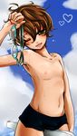  brown_hair bulge code_geass emu_(trigger) goggles green_eyes heart highres kururugi_suzaku male_focus open_mouth smile solo swimsuit 