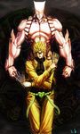  bad_id bad_pixiv_id blonde_hair dio_brando glowing glowing_eyes headband heart highres jacket jojo_no_kimyou_na_bouken knife multiple_boys red_eyes ryou-k stand_(jojo) stardust_crusaders the_world yellow_jacket 