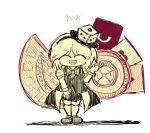  1girl ^_^ ace_(playing_card) ace_of_diamonds ace_of_hearts androgynous aodo_mikan blackjack_table bow bowtie breasts buttons card closed_eyes coattails collared_shirt commentary_request diamond_(shape) dice_hair_ornament dress_shoes eye_of_senri full_body genderswap genderswap_(otf) hair_ornament hairband hand_on_lap hand_up happy heart highres len'en medium_hair monochrome open_mouth oversized_object playing_card puffy_short_sleeves puffy_sleeves ribbon_legwear roulette_table shadow shirt short_sleeves simple_background smile solo standing table thighhighs traditional_bowtie v-neck vest white_background wrist_cuffs xeno_a yellow_theme 