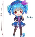  1girl beret black_shirt black_thighhighs blue_capelet blue_hair blue_hat blue_shoes blue_skirt capelet character_name chibi child emil_chronicle_online hat hat_ribbon iris_anemone monster_girl necktie open_mouth purple_necktie purple_ribbon pururu_alma red_eyes ribbon shirt shoes short_twintails skirt slime_(creature) slime_girl thighhighs twintails white_background 