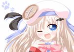  bat blonde_hair blue_eyes bow hair_ornament hairclip hat kagerou_(kers) little_busters! noumi_kudryavka one_eye_closed open_mouth school_uniform smile solo 