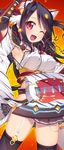  ;d animal_ears arm_up armpits bell black_hair black_legwear breasts cat_ears detached_sleeves garter_straps guitar hair_bell hair_ornament instrument kashiwamochi_yomogi large_breasts long_hair one_eye_closed open_mouth red_eyes sengoku_collection skirt smile solo takatora_todo_(sengoku_collection) thighhighs 