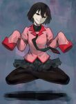  1girl b_suke black_eyes black_hair black_necktie black_pantyhose breasts commentary_request floating full_body indian_style jacket levitation medium_breasts miniskirt monogatari_(series) naoetsu_high_school_uniform necktie no_shoes oshino_ougi owarimonogatari pale_skin pantyhose pink_jacket pleated_skirt school_uniform sitting skirt sleeves_past_wrists smile solo very_long_sleeves 