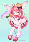  1girl ahoge animal_ears apron black_corset black_ribbon blue_background blue_eyes boots bow bowtie breasts carrot corset crown dress emil_chronicle_online frilled_apron frills gloves hair_ribbon holding holding_carrot iris_anemone large_breasts looking_at_viewer maid_apron minnie_doe_alma pink_boots pink_bow pink_bowtie pink_dress pink_hair ponytail rabbit_ears rabbit_girl ribbon solo thighhighs twitter_username white_apron white_gloves white_thighhighs 