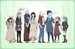  6+girls :d ;d ^_^ alternate_costume animal_ears antennae arms_up black_eyes black_hair black_legwear blue_hair border bow bunny_ears casual closed_eyes contemporary dress fujiwara_no_mokou green_hair hair_bow hair_ribbon hand_on_head hand_on_hip hat houraisan_kaguya imperishable_night inaba_tewi kamishirasawa_keine long_hair multicolored_hair multiple_girls mystia_lorelei one_eye_closed open_mouth pantyhose pink_hair purple_hair red_eyes reisen_udongein_inaba ribbon short_hair shorts sleeves_pushed_up smile standing thighhighs touhou two-tone_hair white_hair wings wriggle_nightbug yagokoro_eirin 