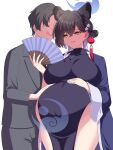  1boy 1girl :q absurdres animal_ears anya&#039;s_heh_face_(meme) belly_rub black_dress blue_archive breasts china_dress chinese_clothes dress hand_fan hands_on_own_stomach highres holding holding_fan husband_and_wife if_they_mated kaguya_(blue_archive) large_breasts looking_at_another madrawing meme panther_ears panther_girl pregnancy_halo pregnant sensei_(blue_archive) slit_pupils standing thigh_gap tongue tongue_out 