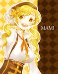  bad_id bad_pixiv_id beret blonde_hair breasts character_name checkered checkered_background corset detached_sleeves drill_hair hair_ornament hat highres large_breasts magical_girl mahou_shoujo_madoka_magica open_mouth smile solo tomoe_mami ueno_marina yellow_eyes 