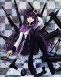  akemi_homura blue_eyes explosive grenade gun kabaji long_hair looking_at_viewer magical_girl mahou_shoujo_madoka_magica pantyhose purple_hair skirt solo traditional_media very_long_hair weapon 