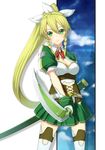  alternate_costume blonde_hair braid breasts cleavage green_eyes highres leafa leafa_(sao:im) long_hair medium_breasts ponytail solo sword sword_art_online sword_art_online:_infinity_moment thighhighs twin_braids uemukai_dai weapon 