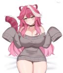  1girl animal_ears artist_name black_choker blush breasts choker cleavage closed_mouth collarbone commentary english_commentary eyeshadow grey_sweater hair_intakes highres hololive hololive_english huge_breasts long_hair long_sleeves makeup multicolored_hair off-shoulder_sweater off_shoulder panther_ears panther_girl panther_tail pink_eyeshadow pink_hair pink_tail raora_panthera senpaisif simple_background sleeves_past_fingers sleeves_past_wrists solo streaked_hair sweater tail thighs two-tone_hair very_long_sleeves virtual_youtuber white_background yellow_eyes 