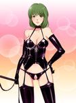  1girl bare_shoulders blush breasts censored cleavage crotchless crotchless_panties dominatrix elbow_gloves female garter_straps gloves green_eyes green_hair hand_on_hips high_school!_kimengumi highres latex lingerie looking_at_viewer matching_hair/eyes nemunoya oda_mari panties pussy short_hair solo standing thighhighs underwear whip 