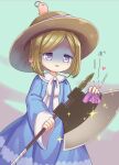 1girl animal_on_head axe blonde_hair blue_dress braid breasts capelet dress emil_chronicle_online evil_smile green_background handkerchief hat holding holding_axe holding_handkerchief iris_anemone on_head open_mouth purple_eyes small_breasts smile starler_alma straw_hat white_capelet 