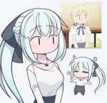  2girls artoria_pendragon_(fate) black_bow blonde_hair bow braid closed_eyes fate/grand_order fate_(series) hair_between_eyes hair_bow half_up_braid highres ichigo_berry jewelry long_hair morgan_le_fay_(fate) multiple_girls necklace ponytail saber_(fate) simple_background very_long_hair white_background white_hair 