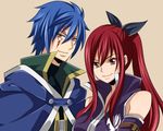  1boy 1girl blue_hair cape couple erza_scarlet fairy_tail jellal_fernandes kuzukiri5 red_hair ribbon simple_background smile tattoo 