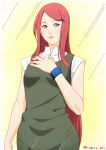  1girl absurdres blue_eyes breasts commentary dress green_dress hair_ornament hairclip hand_on_own_chest highres long_hair naruto_(series) open_mouth red_hair saburo_des shirt small_breasts smile solo twitter_username upper_body uzumaki_kushina very_long_hair white_shirt wristband 