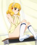  bad_id bad_pixiv_id blonde_hair blush cardigan clothes_in_front covering curtains desk feet hairband kise_yayoi kneehighs no_shoes nude nude_cover precure sch school_desk sitting smile_precure! solo white_hairband white_legwear yellow_eyes 