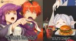  1boy 1other 2girls :3 =_= araneesama black_hair blush_stickers brand_name_imitation burger can chair chibi dessert drink drink_can english_text fern_(sousou_no_frieren) food food_focus french_fries frieren highres meme multicolored_hair multiple_girls open_mouth patreon_username plate pointing pointing_at_another pointy_ears purple_hair red_hair sitting soda soda_can sousou_no_frieren stark_(sousou_no_frieren) tears twintails two-tone_hair web_address white_hair 