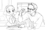  1girl breaking_bad candy chemistry crossover facial_hair food glasses greyscale hairband kise_yayoi monochrome mustache orz_(orz57) precure science short_hair sketch smile_precure! sparkling_eyes sweater walter_white 