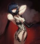  1girl absurdres ai-generated_art_(topic) arms_behind_head blue_hair breasts cape chronopattern_dress ciel_(tsukihime) cleavage convenient_censoring curvy floating_clothes fur_cape hair_between_eyes highres jonyeld large_breasts looking_at_viewer michael_roa_valdamjong naked_cape partially_shaded_face patterned_clothing possessed red_eyes roa-ciel short_hair smile thick_thighs thighs tsukihime tsukihime_(remake) vampire very_long_cape wide_hips 