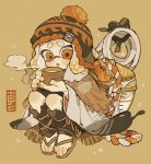  1girl :o beanie black_hat blonde_hair blowing_on_food bowl brown_capelet capelet commentary_request full_body fur-trimmed_capelet fur_trim goo_tuber_(splatoon) grey_kimono hat highres holding holding_bowl ink_tank_(splatoon) inkling inkling_girl inkling_player_character japanese_clothes kimono leg_wrap long_sleeves open_mouth orange_eyes p0m4_p0m4 pom_pom_(clothes) pom_pom_beanie short_hair simple_background solo splatoon_(series) tentacle_hair thick_eyebrows waraji weapon weapon_on_back wide_sleeves yellow_background 