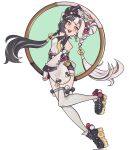  1girl bare_shoulders black_hair braid braided_twintails chakram china_dress chinese_clothes detached_sleeves dialyn_(zenless_zone_zero) double_bun dress full_body hair_bun hair_extensions hair_ornament hairclip hashtag-only_commentary highres long_hair minoka multicolored_hair necktie open_mouth orange_eyes panda_hair_ornament ring_hair_extensions simple_background solo split-color_hair thighhighs twitter_username weapon white_background white_dress white_hair white_thighhighs yellow_necktie zenless_zone_zero 