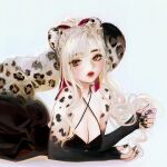  1girl blonde_hair breasts cleavage commentary commission criss-cross_halter dress elbow_gloves fingerless_gloves fingernails gloves hair_ribbon halterneck highres holding holding_own_hair large_breasts lips lipstick long_fingernails long_hair looking_to_the_side lying makeup mole mole_under_eye nail_polish on_stomach orange_eyes original parted_lips ponytail ribbon snow_leopard_ears snow_leopard_girl snow_leopard_tail solo spotted_skin yeono0 