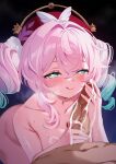  1boy 1girl ayomo_ro blue_hair blush breasts censored completely_nude cum cumdrip erection gradient_hair handjob hat hetero highres honkai:_star_rail honkai_(series) hyacine_(honkai:_star_rail) licking_lips long_hair looking_at_viewer medium_breasts multicolored_hair nude penis pink_hair red_hat smile tongue tongue_out twintails 