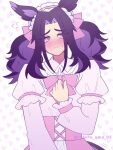  1girl animal_ears black_hair blush bow closed_mouth corset dress fenomeno_(umamusume) flipped_hair hair_bow headdress highres horse_ears horse_girl horse_tail lolita_fashion long_hair long_sleeves looking_at_viewer multicolored_hair pink_bow pink_corset pink_dress pink_headdress purple_eyes purple_hair solo sweatdrop tail umamusume upper_body w3n6e white_headdress 