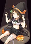  ;) bad_id bad_pixiv_id bat brown_eyes brown_hair candy_wrapper cape demon_tail halloween hat highres jack-o'-lantern long_hair love_live! love_live!_school_idol_project midriff minami_kotori navel one_eye_closed oruto_(ort+) pumpkin ribbon-trimmed_collar ribbon_trim smile tail wings witch_hat 