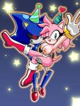 accessory amy_rose anthro boots bracelet breasts carrying_another claws clothed clothing demichan duo eulipotyphlan female flying footwear gloves green_eyes hair_accessory hairband handwear hat headgear headwear hedgehog hi_res jewelry machine male mammal metal_sonic one_eye_closed panties party_hat robot sega shoes smile sonic_the_hedgehog_(series) star topless topless_female underwear