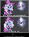  anthrofied avian blue_skin blush breasts cape dialog dialogue english_text equine female friendship_is_magic hair hat horn horse mammal my_little_pony parody pink_eyes pony shepherd0821 silver_hair solo subtitled text trixie_(mlp) unicorn wizard_hat 