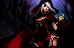  ashe_(league_of_legends) basket bow_(weapon) breasts cleavage come_hither downscaled frills garter_straps green_eyes large_breasts league_of_legends little_red_riding_hood long_hair md5_mismatch na_young_lee resized solo thighhighs weapon white_hair 