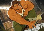  1boy absurdres backlighting bara facial_hair goatee_stubble hairy highres huge_pectorals leg_hair male_focus mature_male mechanic medium_sideburns muscular muscular_male nat20_(greentail) nifast_(greentail) on_one_knee original pectorals sidepec solo sparse_arm_hair stubble tan tank_top thick_arms thick_chest_hair thick_eyebrows veins veiny_arms very_hair white_tank_top wrench 