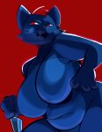2025 anthro belly big_breasts blue_body blue_fur breasts digital_media_(artwork) domestic_cat featureless_breasts felid feline felis female front_view fur gabbah hi_res holding_knife holding_object knife mae_borowski mammal night_in_the_woods nude nude_anthro nude_female open_mouth open_smile pinup portrait pose red_background red_eyes simple_background slightly_chubby slightly_chubby_anthro slightly_chubby_female smile solo