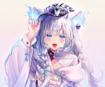  1girl animal_ears blue_bow blue_eyes blunt_bangs bow braid cat_ears clothing_cutout colored_eyelashes fangs hair_bow hand_up highres long_hair long_sleeves looking_at_viewer original side_braid white_background white_hair will-o'-the-wisp_(mythology) yp1091 