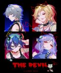  2boys 2girls absurdres belle_(zenless_zone_zero) black_tank_top blonde_hair blue_eyes blue_hair chibi chibi_inset choker commentary dated drawn_horns drawn_wings eyewear_on_head fake_horns franhill grey_hair hair_between_eyes heterochromia highres horns hugo_vlad multiple_boys multiple_girls official_alternate_costume one_eye_closed parted_lips pointy_ears purple_hair red_choker red_eyes shirt short_hair sleeveless sunglasses symbol-only_commentary tank_top tongue tongue_out vivian_banshee von_lycaon wise_(zenless_zone_zero) zenless_zone_zero 