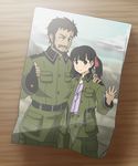  1girl age_difference beard black_hair blush brown_eyes cigarette claus_(sora_no_woto) facial_hair fingerless_gloves gloves hair_ribbon hand_on_shoulder height_difference helvetian_military_uniform highres military military_uniform one_eye_closed orz_(orz57) photo_(object) pose ribbon short_hair short_twintails sora_no_woto suminoya_kureha twintails uniform waving 