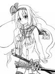  blush cardigan flask_(pandora) greyscale konpaku_youmu konpaku_youmu_(ghost) looking_at_viewer monochrome saigyouji_yuyuko scarf short_hair simple_background solo sword touhou weapon white_background 