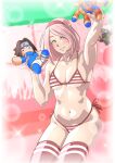  1girl aged_up bikini blurry blurry_background boruto:_naruto_next_generations bow breasts commentary_request doll green_eyes haruno_sakura hatake_kakashi highres holding holding_doll mature_female naruto_(classic) naruto_(series) navel pink_hair red_bow red_thighhighs saburo_des side-tie_bikini_bottom sitting small_breasts solo striped_bikini striped_clothes swimsuit thighhighs uchiha_sasuke uzumaki_naruto 