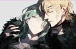  1boy 1girl blonde_hair commentary_request couple dimitri_alexandre_blaiddyd dimitri_alexandre_blaiddyd_(timeskip) eyepatch female_byleth_(fire_emblem) fire_emblem fire_emblem:_three_houses fur_trim green_eyes green_hair hair_between_eyes long_hair rata_to simple_background smile white_background 